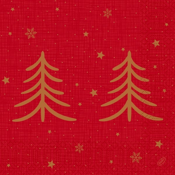 Duni Zelltuch Serviette 40 cm in Rot mit goldfarbenem Weihnachtsbaum Dekor Shimmer Trees.