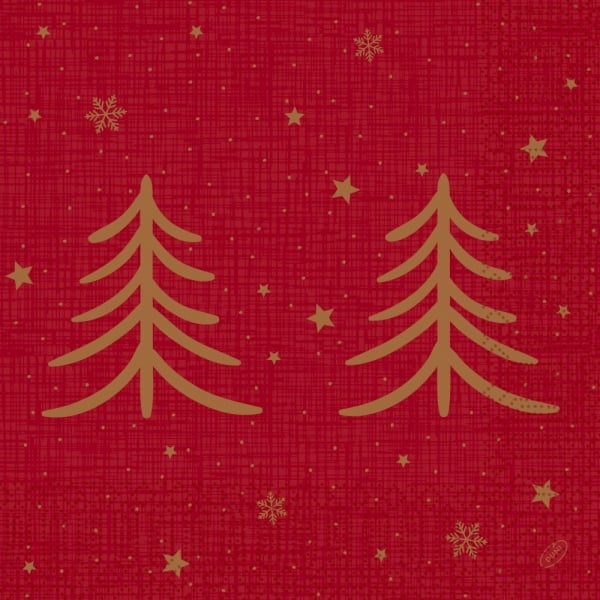 Duni Zelltuch Serviette 40 cm in Rot mit goldfarbenem Weihnachtsbaum Dekor Shimmer Trees.
