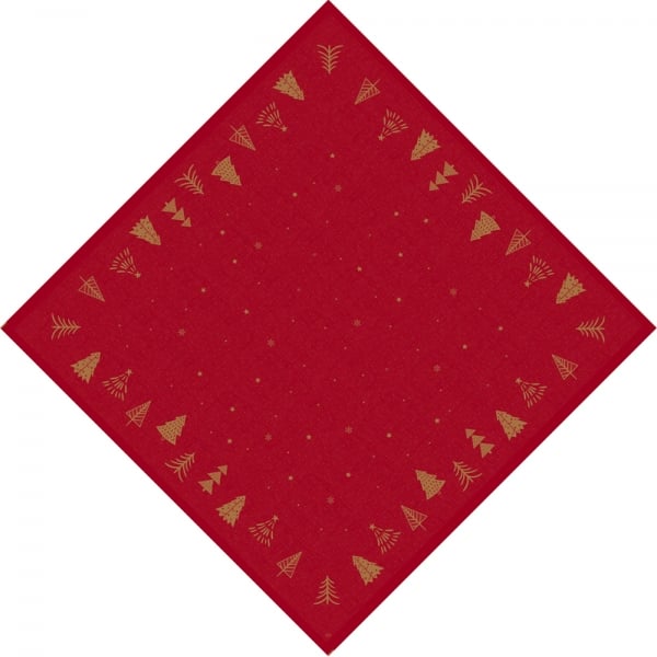 Rote Dunisilk Mitteldecke mit goldenen Weihnachtsbäumen der Serie Shimmer Trees.