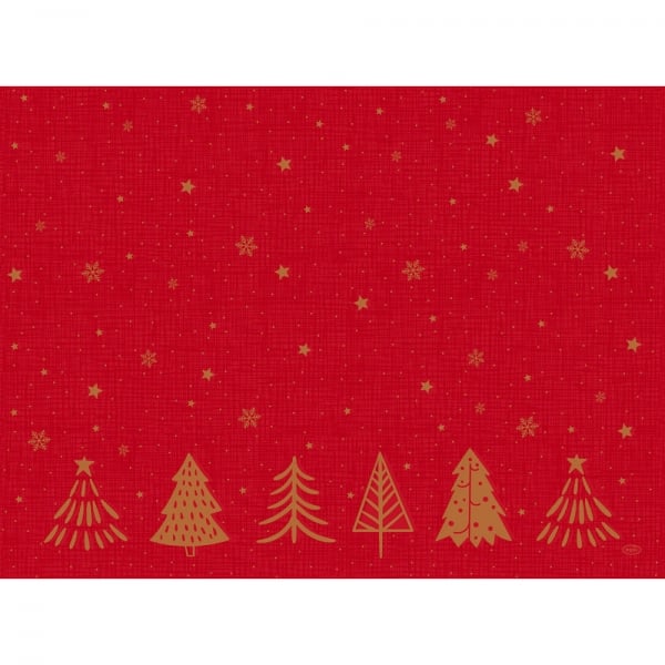 Dunicel Tischset in Rot mit goldfarbenem Tannenbaum Muster der Serie Shimmer Trees.