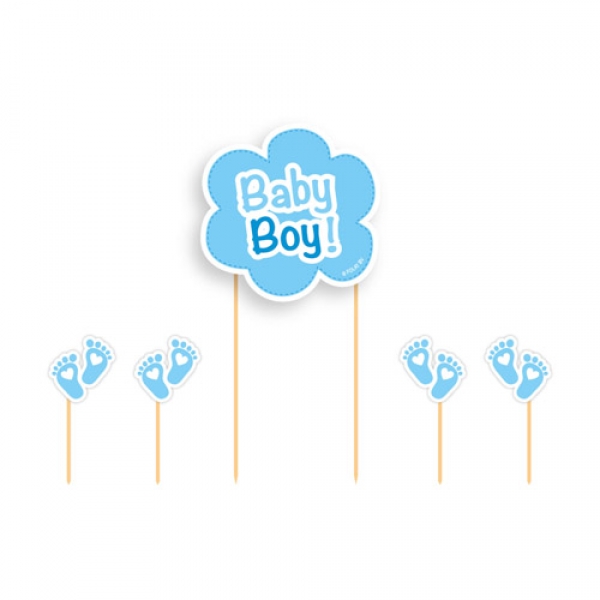 5 Deko Stecker für Tortendeko - Baby Boy! & Babyfüßchen - in Blau,  17 cm.