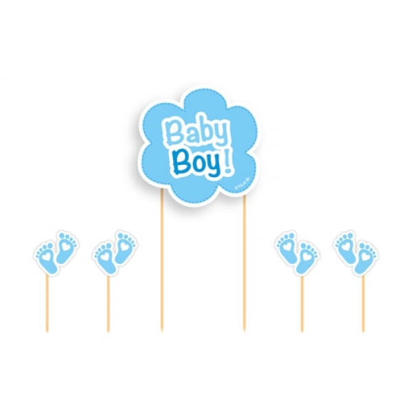 5 Deko Stecker für Tortendeko - Baby Boy! & Babyfüßchen - in Blau,  17 cm.