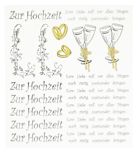 Sticker Zur Hochzeit mit Schriftzug und Motiven in Gelb.