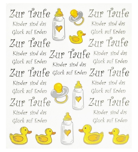 Klebe Sticker Zur Taufe mit Schriftzug und Motiven in gelb