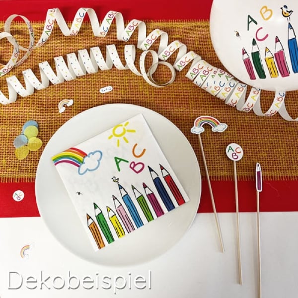 20er Pack Servietten Einschulung, Buntstifte, ABC, Regenbogen 33 x 33 cm