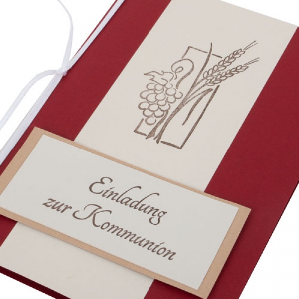Einladungskarte Kommunion in Weintrauben & Ähren in Bordeaux/Taupe