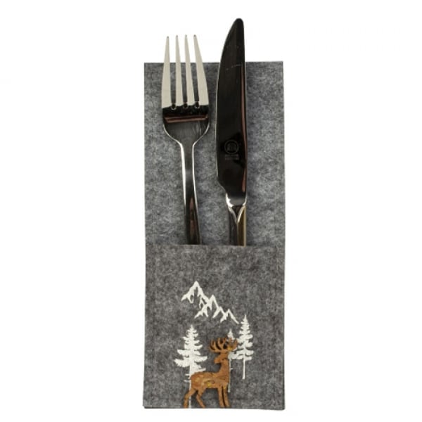 Filz Bestecktasche mit ländlichem Motiv und Hirsch aus Kork, in Grau Meliert, 20 cm.