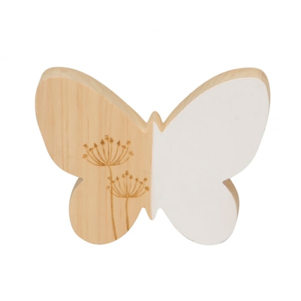 Großer Holz Schmetterling mit Verzierungen in Weiß/Braun, 10,5 cm.