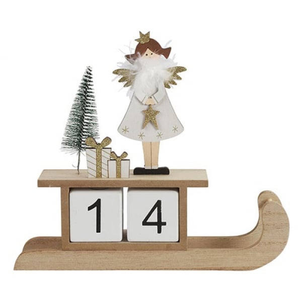 Adventskalender Holz Schlitten mit Zahlenwürfel, 22 cm.