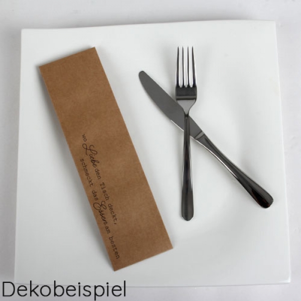 4 Papier Bestecktüten -Wo Liebe den Tisch deckt- in Braun mit schwarzer Schrift, 25 cm.