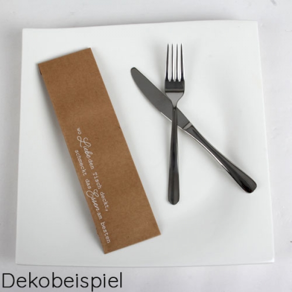 4 Papier Bestecktüten -Wo Liebe den Tisch deckt- in Braun mit weißer Schrift, 25 cm.