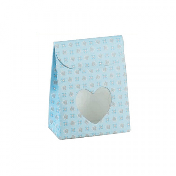 Bonboniere Tasche Taufe mit Blümchen, Herzfenster, in Hellblau, 80 mm.