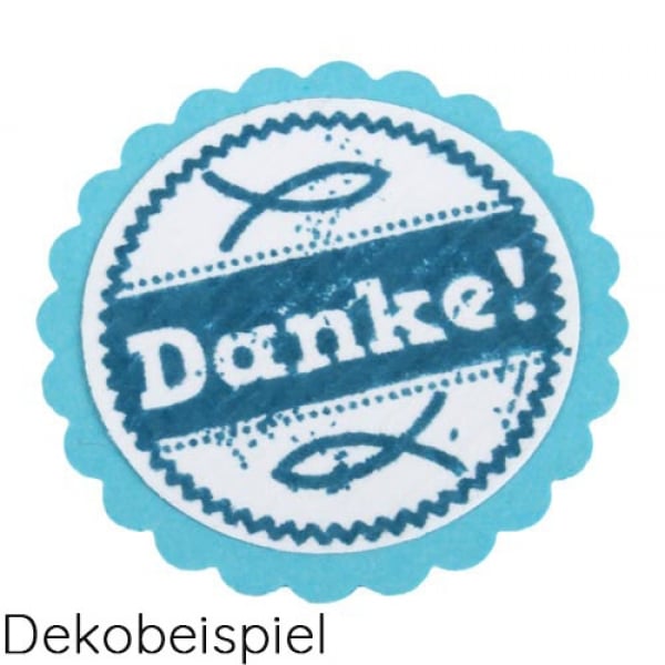 Dekobeispiel Button, Verzierung Danke, Kreisstanzer und Kreisstanzer gezahnt.