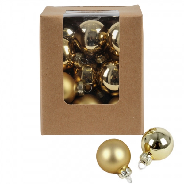 20 Mini Christbaumkugeln in Gold matt und glänzend, 30 mm.