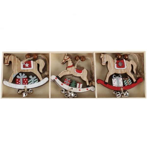 6 Holz Christbaumschmuck, Geschenkanhänger, Schaukelpferd in Dunkelrot, 80 mm.