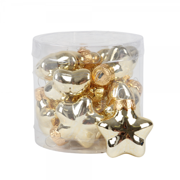 12 Mini Glas Christbaumschmuck-Sterne in Champagner-Gold glänzend, 40 mm.