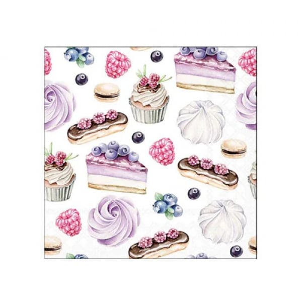 Cocktail-Servietten mit farbenfrohen Illustrationen von feinem Gebäck, Törtchen und frischem Obst für den Kaffeetisch.