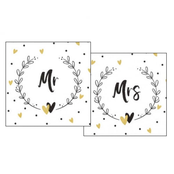 20er Pack Cocktail-Servietten Hochzeit, Set 10 + 10, -Mr, Mrs- 25 x 25 cm.