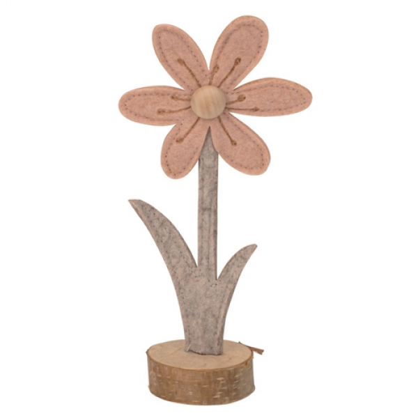 Filz Blume auf Holzsockel, in Grau/Apricot meliert, 21 cm.