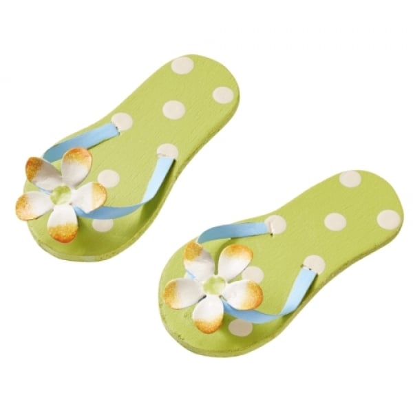 1 Paar Deko Flip Flops in Hellgrün mit Punkten und Blüte, 60 mm.