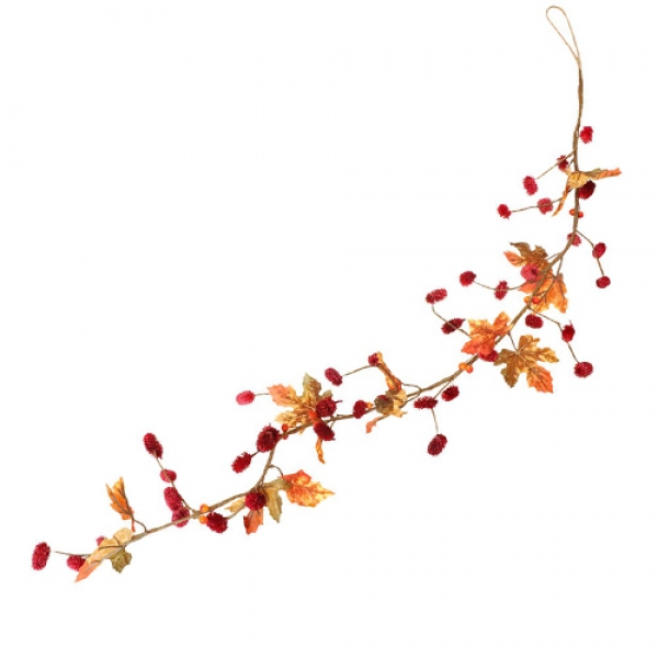 1,2 Meter Ahornlätter Herbst Girlande mit Beeren, in Rot-Braun mit Schlaufe.