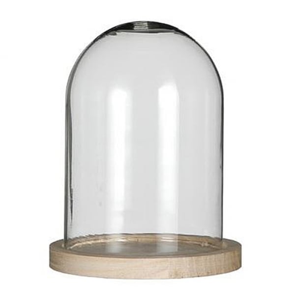 Deko Glas Glocke auf Holzsockel, 16,5 cm.