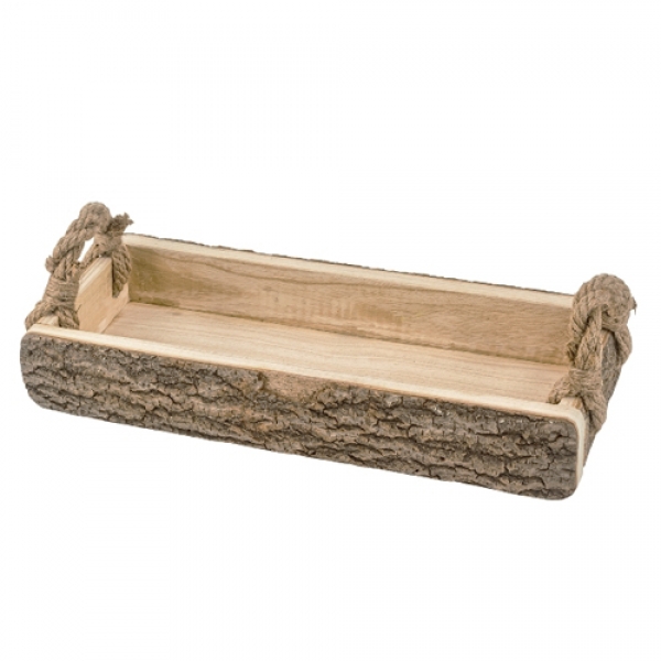 Rustikales Holz Tablett mit Baumrinde und Seilhenkel, 42 x 17,5 cm.