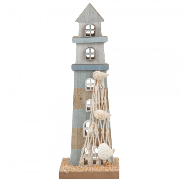 Holz Leuchtturm Maritim Hellblau/Weiß, 20 cm.