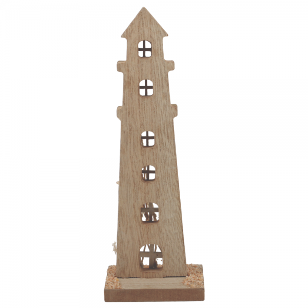 Holz Leuchtturm Maritim Hellblau/Weiß, 20 cm, Rückseite.