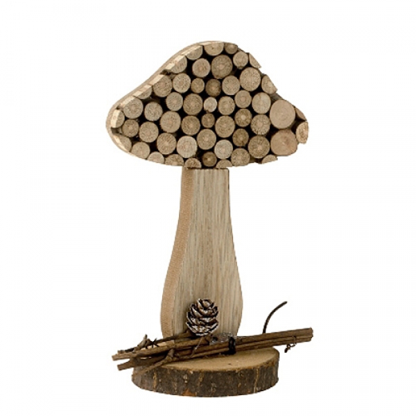 Deko Holz Pilz mit Verzierung in Hellbraun, 15 cm.