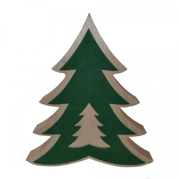 Holz Tannenbaum mit dunkelgrüner Samtverzierung, 15 cm.