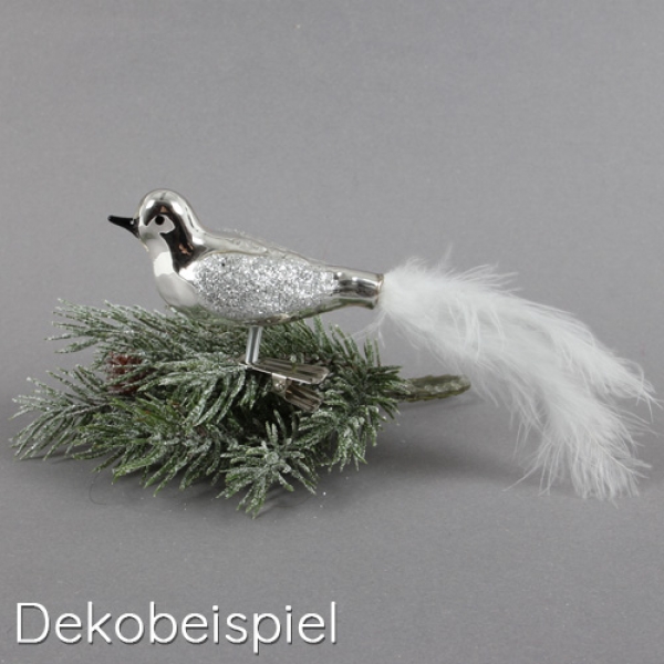 Deko Vogel mit Clip und Federschwanz, in Silber mit Glitzer, 80 mm.