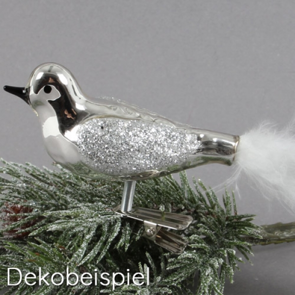 Deko Vogel mit Clip und Federschwanz, in Silber mit Glitzer, 80 mm.