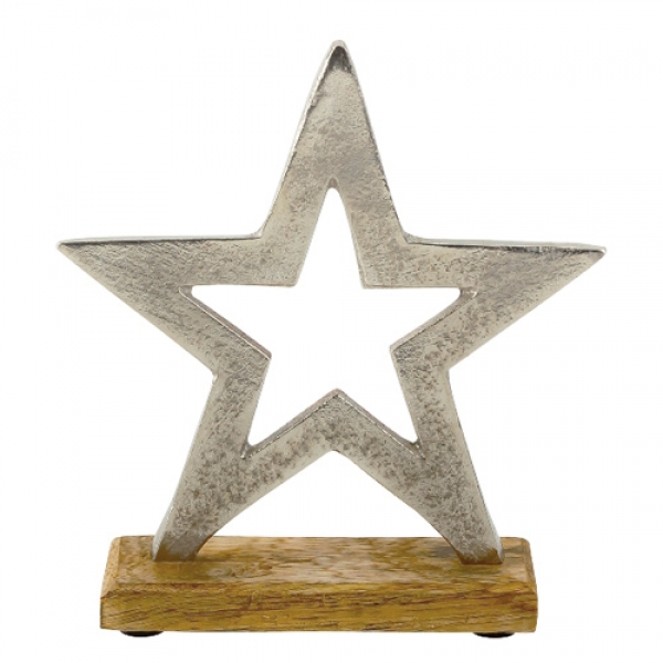 Metall Stern in Silber mit Holz Sockel, 17 cm.
