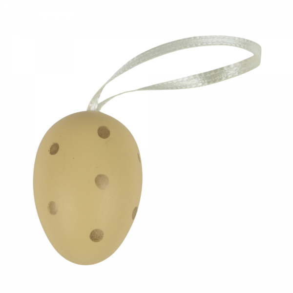 Deko Osterei zum Aufängen in Pastellgelb mit goldenen Punkten.