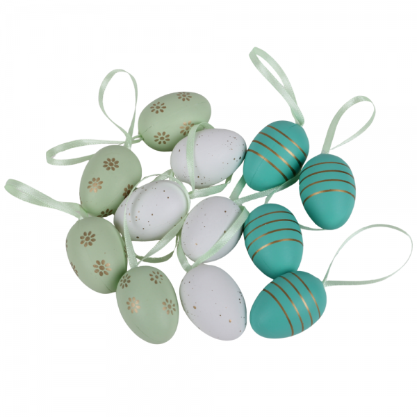 12 Ostereier gemustert zum Aufhängen, Grün/Weiß Mix, 40 mm.