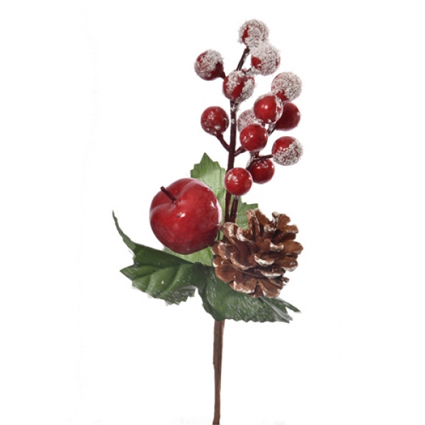 Kunstblume Beerenpick mit Schnee, Apfel und Zapfen, 22 cm.