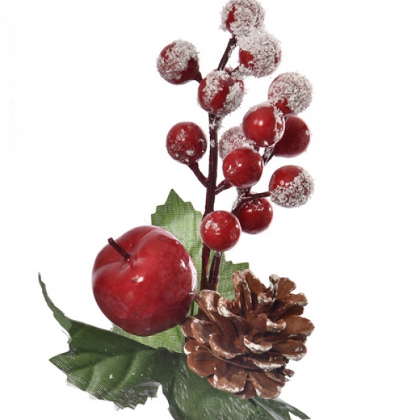 Kunstblume Beerenpick mit Schnee, Apfel und Zapfen, 22 cm.