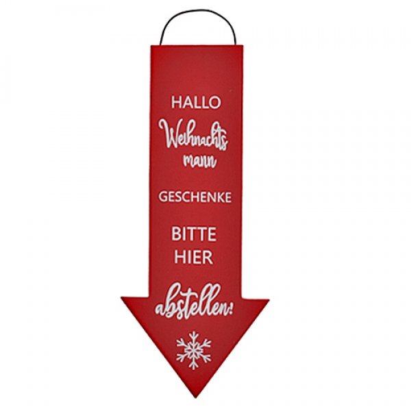 Holz Dekoschild Weihnachten, Pfeil -Geschenke hier abstellen- in Rot/Weiß, 30 cm.