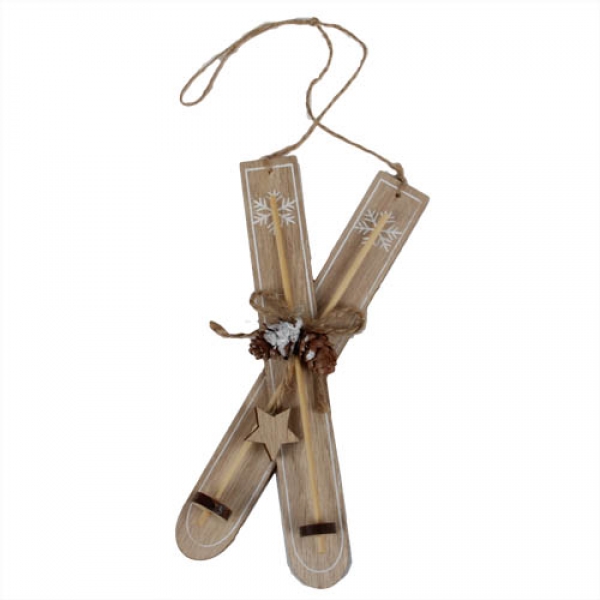 Holz Christbaumschmuck, Ski mit Zapfen & Stern in Hellbraun, 20 cm.