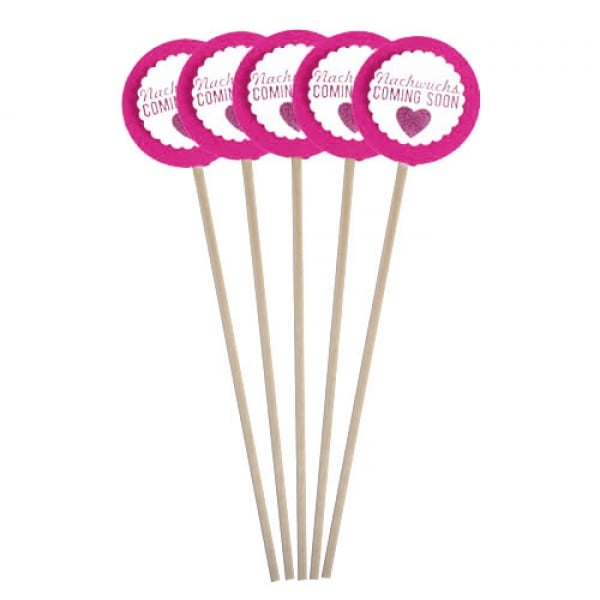 5 Deko Stecker Taufe, Babyparty mit  auswählbarem Spruch in Pink, 21 cm.