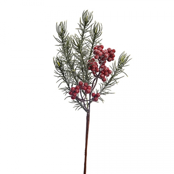 Kunstblume Tannenzweig, Beeren-Pick mit Eis und Glitzer, 32 cm.