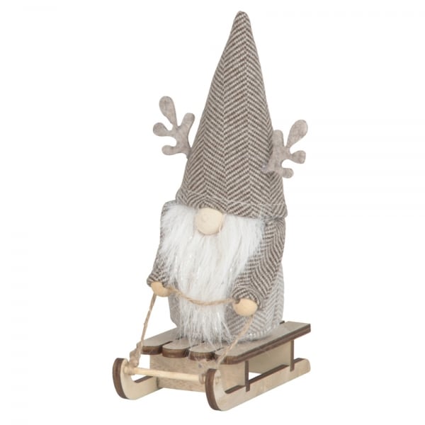 Dekofigur Weihnachten, Winter, Filz Wichtel auf Holz Ski, Mütze in Braun, 18 cm.