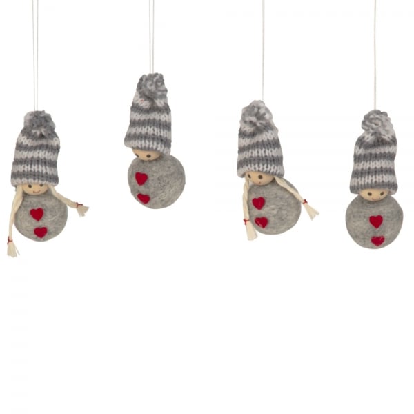 4 Deko Winterkinder mit Strickmütze und Filz, zum Aufhängen, 70 mm.