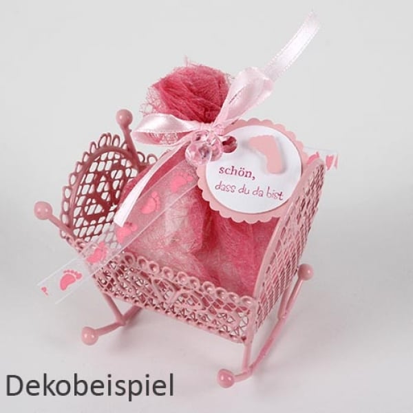 Dekobeispiel Metall Baby Wiege, Bonboniere in Rosa.