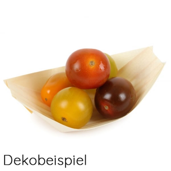 Dekobeispiel Holz Fingerfood-Schalen, Schiffchen, Einweg, 11 x 6,5 cm.