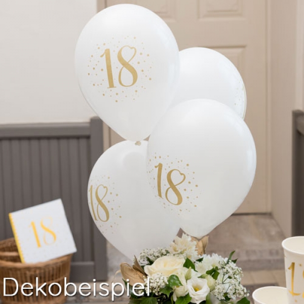 Dekobeispiel für 8er Pack Luftballons Geburtstag mit Zahl in Weiß/Gold.