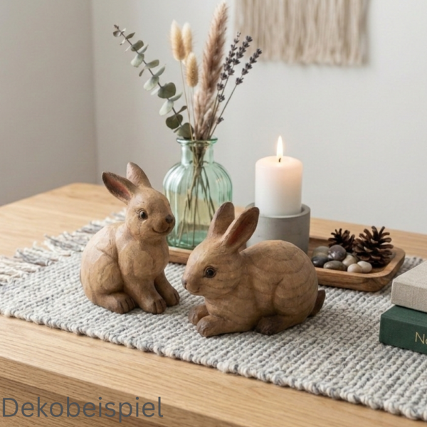 Dekobeispiel mit den Osterhasen in Holz-Optik, sitzend und liegend.