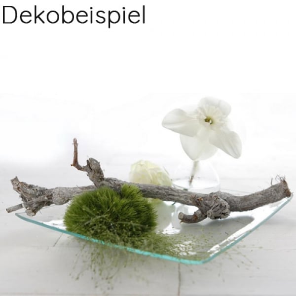 Dekobeispiel Glas Kerzenteller, Vorspeisenteller quadratisch, 20 cm.