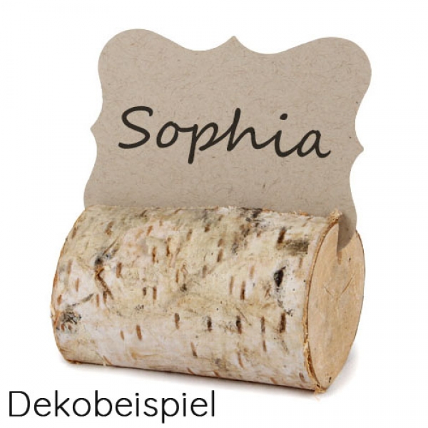 Dekobeispiel Tischkarte mit Baumstamm-Kartenhalter.